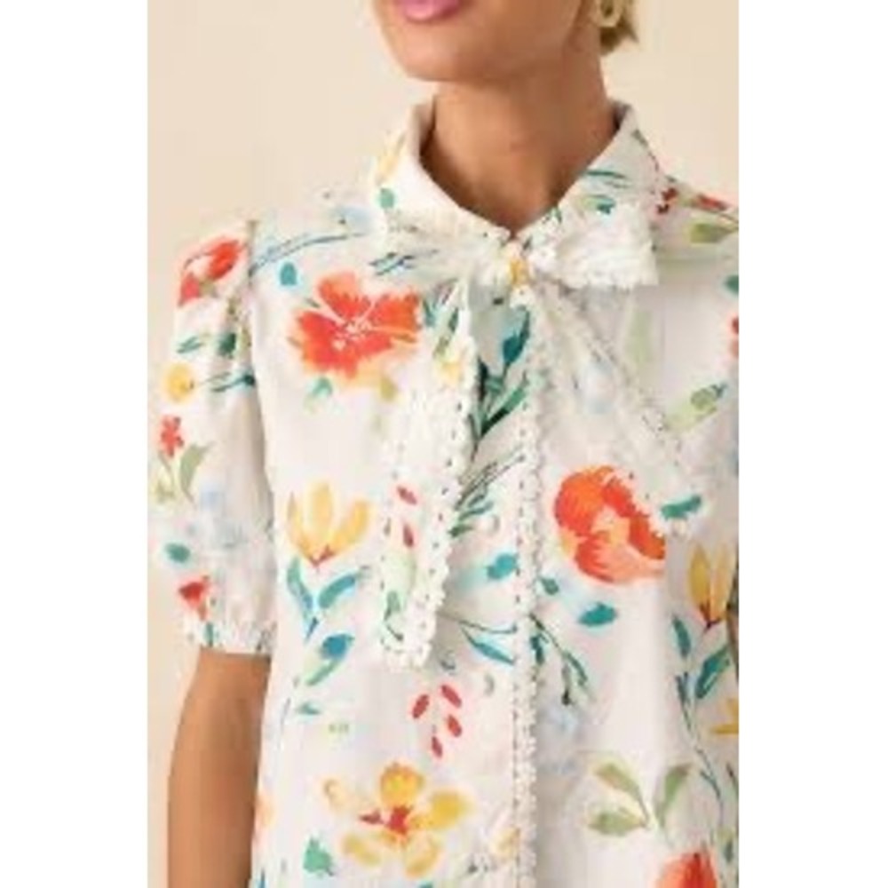 Prosperina Wild Poppies Floral Lace Trim Bow CollarBlouse Short Puff Sleeve S